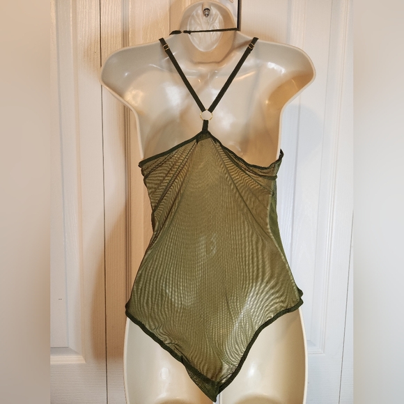Top Chic Olive Green Sheer Mesh Floral Embroidered Bodysuit - One Size (M/L) - Picture 6 of 9